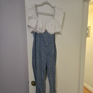 Stylish White and Denim Jumpsuit